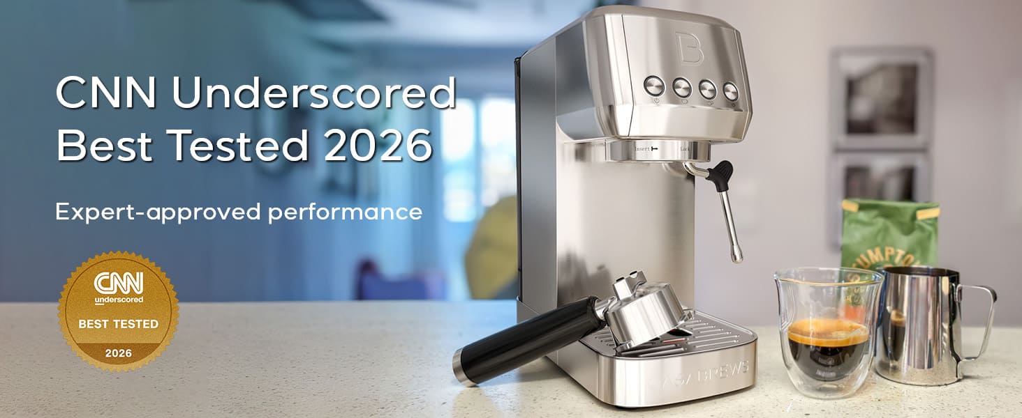 Espresso machine on a counter with CNN Best Tested 2026 label