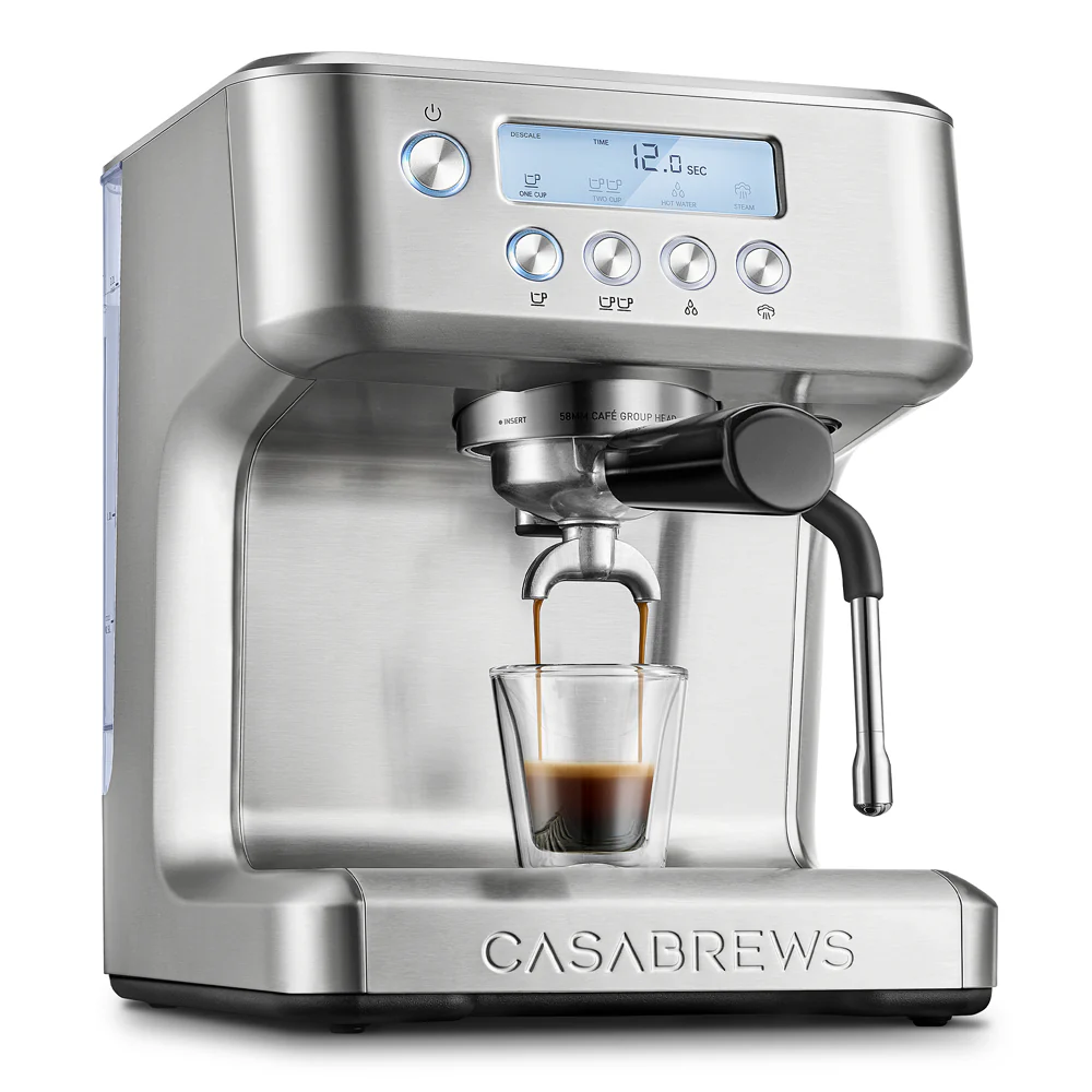 Casabrews ULTRA espresso machine pulling a shot into a glass